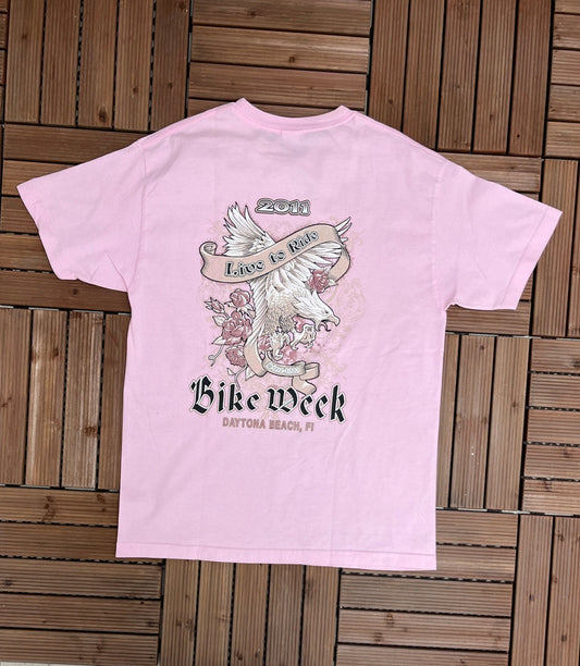 Daytona Bike Week 2011 Graphic Tee | Size Large | Vintage 2000s Motorcycle Biker Pink T-Shirt |