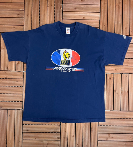 French Football Federation 2000 Graphic Tee | Size X-Large | Vintage 2000s Adidas Soccer Football Blue T-Shirt |