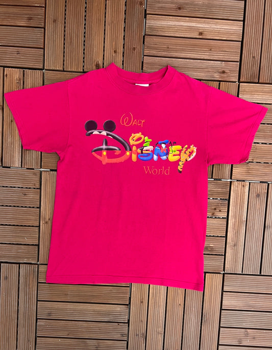 Walt Disney World Mickey Mouse Graphic Tee | Size Medium | Vintage 1990s Cartoon Promotional Pink T-Shirt |