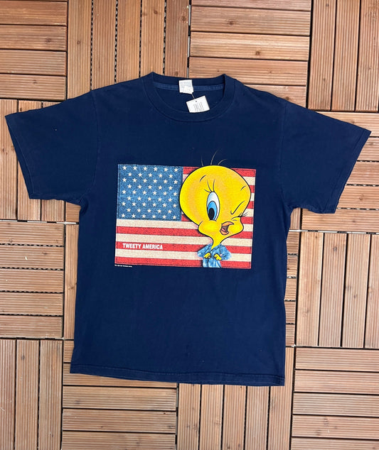 Tweety Bird America Graphic Tee | Size Large | Vintage 1990 Looney Tunes Promotional Blue T-Shirt | Made in USA |