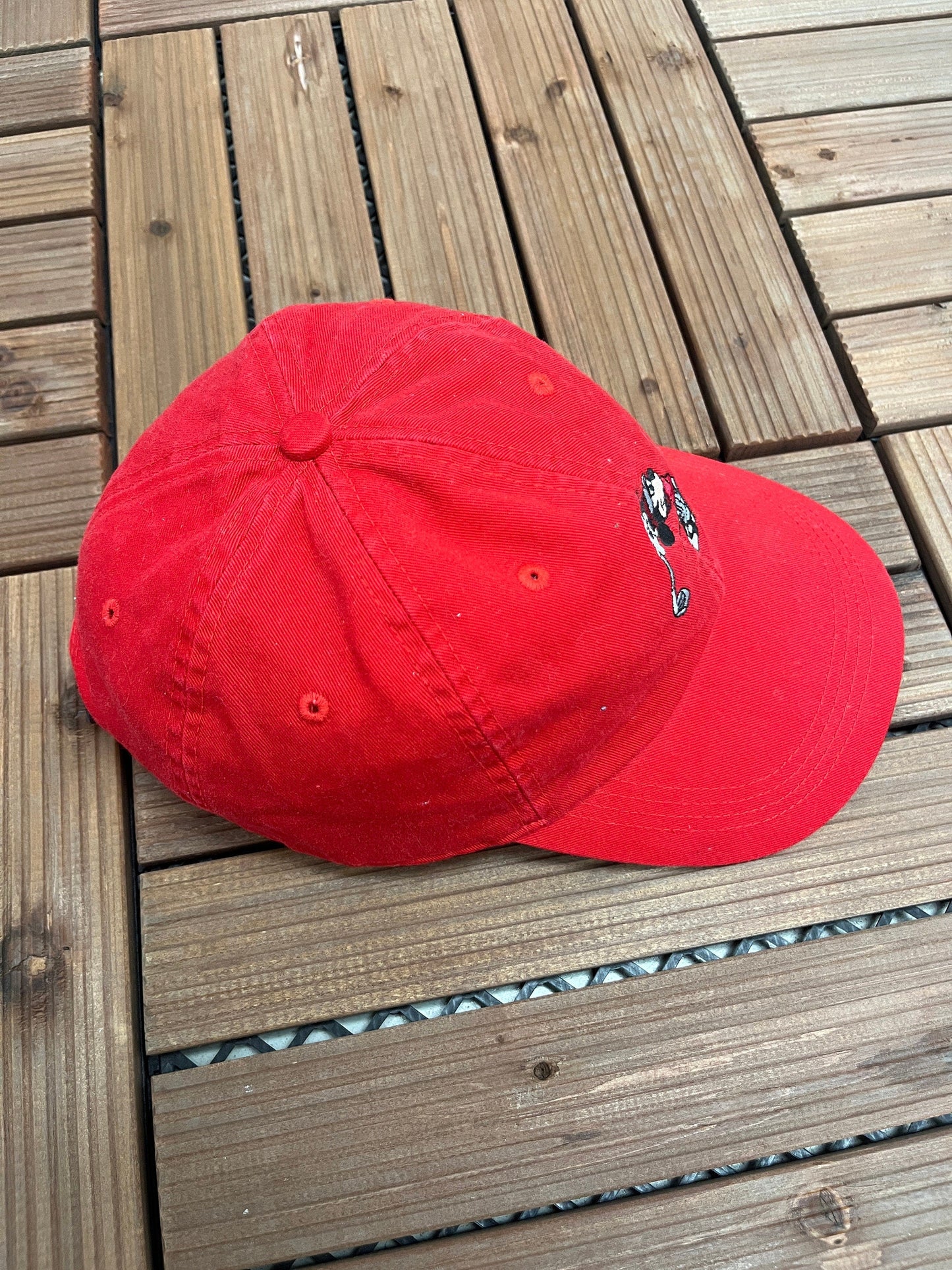 Mickey Mouse Golfer Embroidered Graphic Hat | Adjustable With Strap Back | Vintage 2000s Disney Cartoon Red Cap |