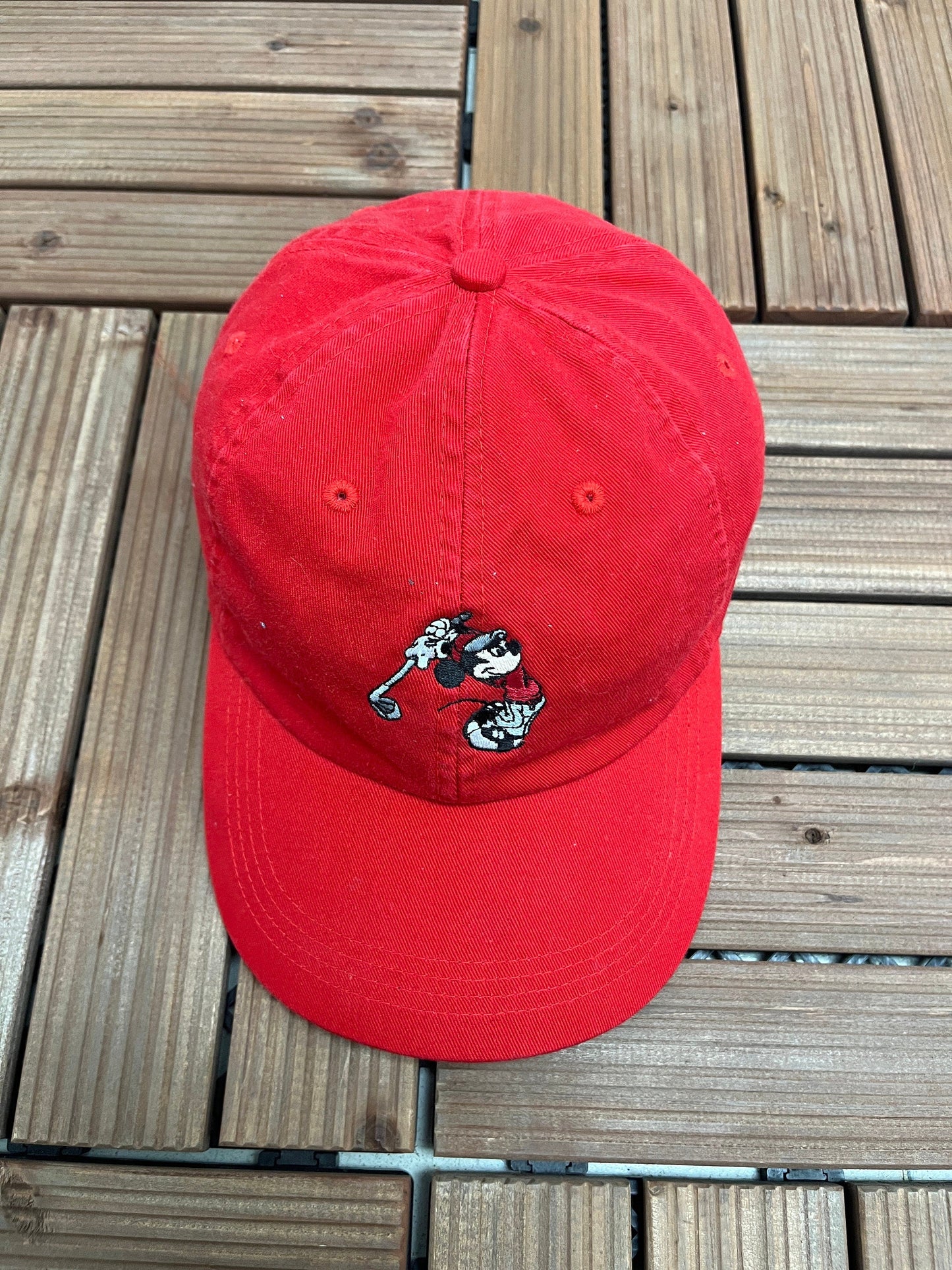 Mickey Mouse Golfer Embroidered Graphic Hat | Adjustable With Strap Back | Vintage 2000s Disney Cartoon Red Cap |