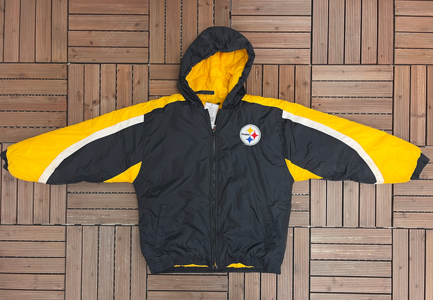 Pittsburgh Steelers Graphic Puffer Jacket | Size Youth Large | Vintage 1990s NFL Football Black Puffer Jacket |