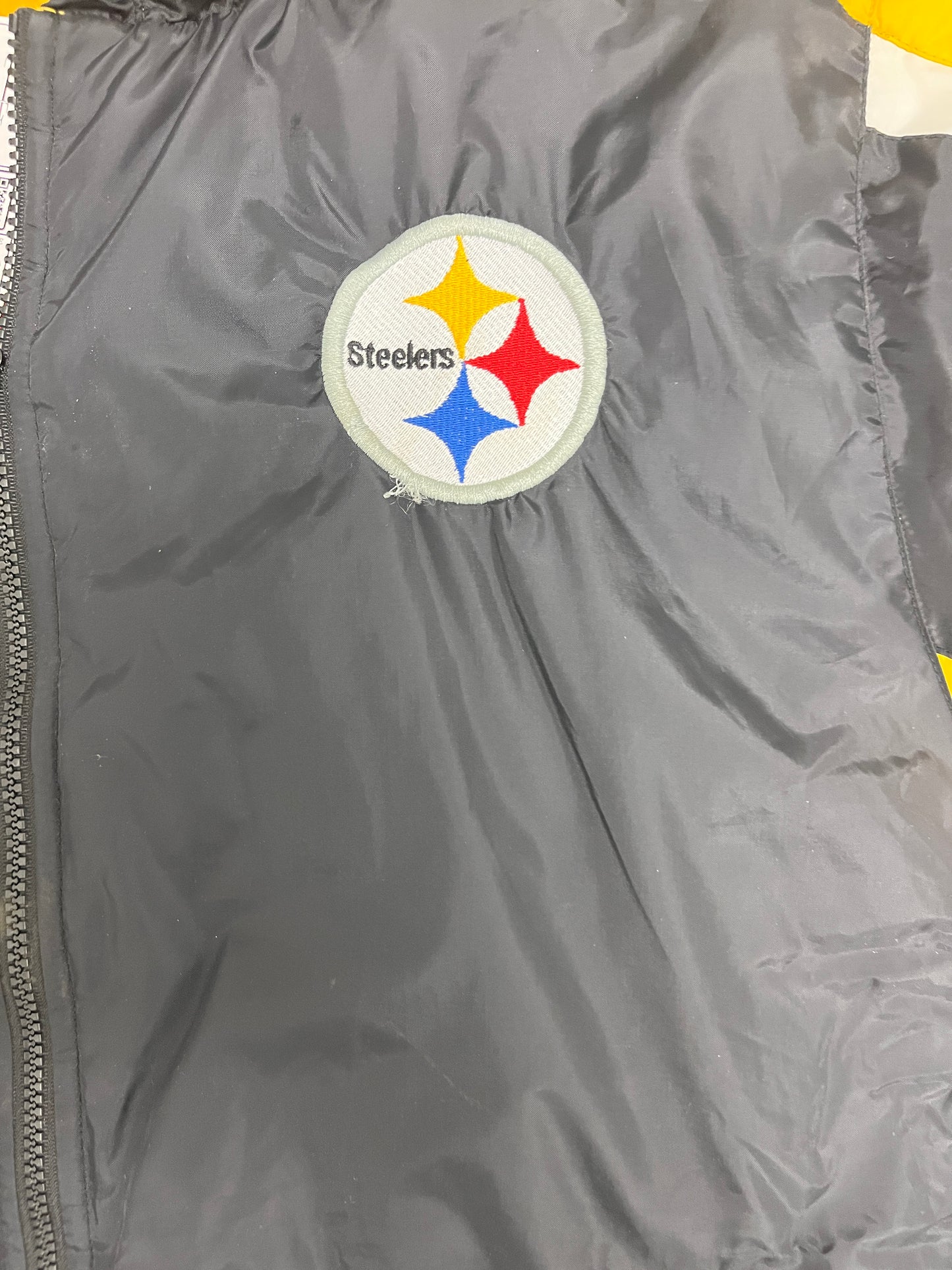 Pittsburgh Steelers Graphic Puffer Jacket | Size Youth Large | Vintage 1990s NFL Football Black Puffer Jacket |