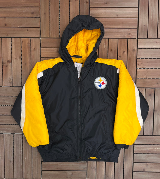 Pittsburgh Steelers Graphic Puffer Jacket | Size Youth Large | Vintage 1990s NFL Football Black Puffer Jacket |