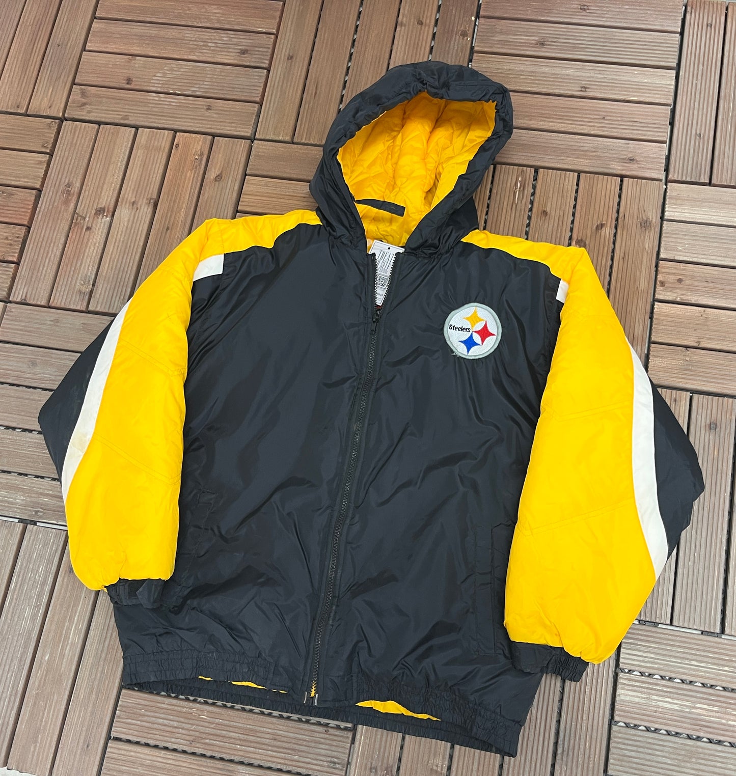 Pittsburgh Steelers Graphic Puffer Jacket | Size Youth Large | Vintage 1990s NFL Football Black Puffer Jacket |