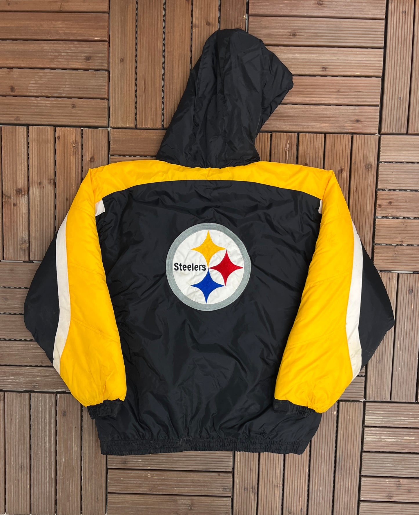 Pittsburgh Steelers Graphic Puffer Jacket | Size Youth Large | Vintage 1990s NFL Football Black Puffer Jacket |