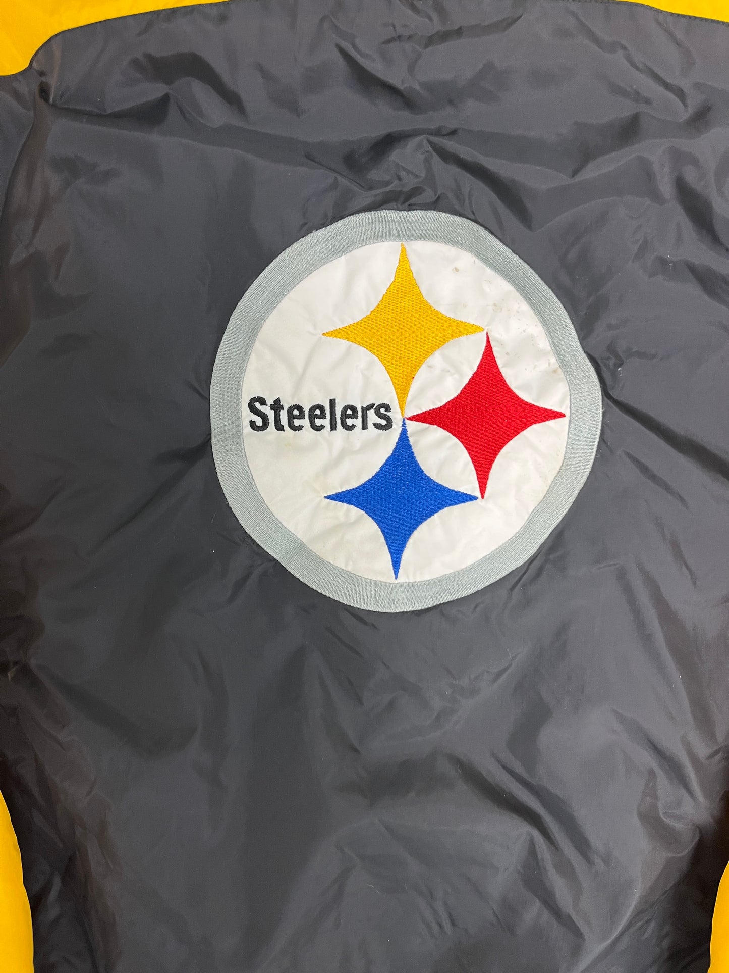 Pittsburgh Steelers Graphic Puffer Jacket | Size Youth Large | Vintage 1990s NFL Football Black Puffer Jacket |