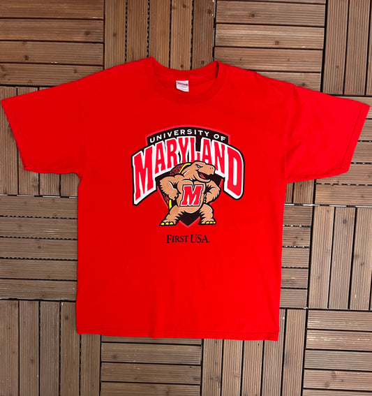 Maryland Terrapins First USA Graphic Tee | Size X-Large | Vintage 2000s College Sports Red T-Shirt |