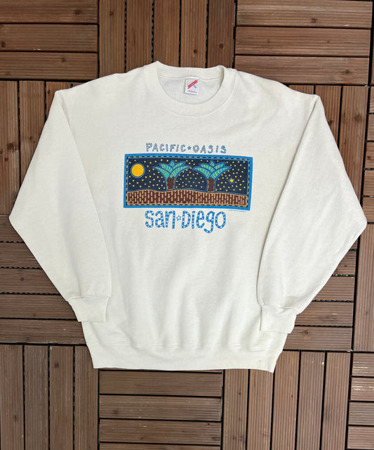 San Diego Pacific Oasis Graphic Crewneck | Size X-Large | Vintage 1990s Tourist White Sweater |