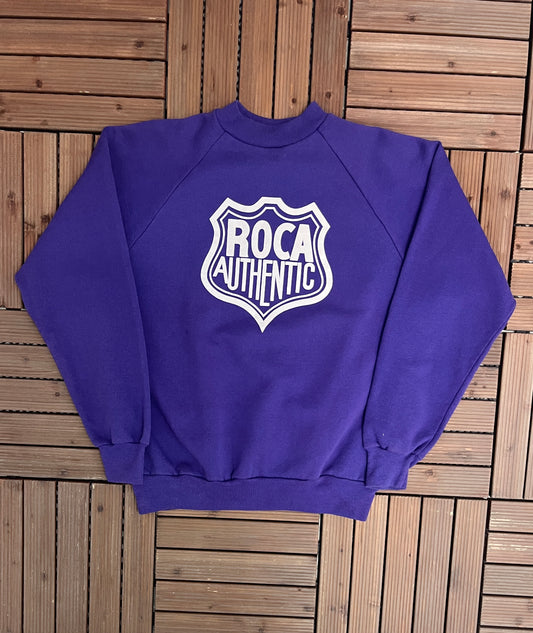 Roca Authentic Graphic Crewneck | Size XX-Large | Vintage 1980s Branded Promotional Purple Sweatshirt |