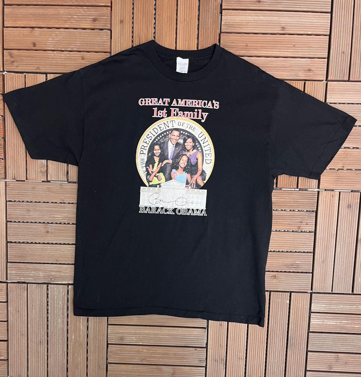 Barack Obama Great America's 1st Family Graphic Tee | Size X-Large | Vintage 2000s Democratic Promotional Black T-Shirt |