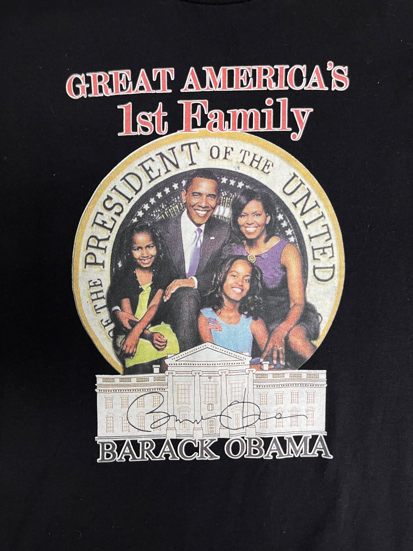 Barack Obama Great America's 1st Family Graphic Tee | Size X-Large | Vintage 2000s Democratic Promotional Black T-Shirt |