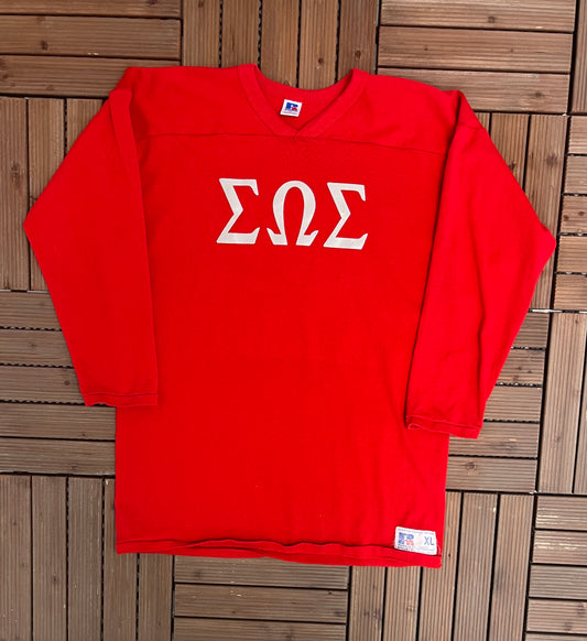 Sigma Omega Sigma Graphic Tee | Size X-Large | Vintage 1980s Made in USA Red T-Shirt | Made in USA |