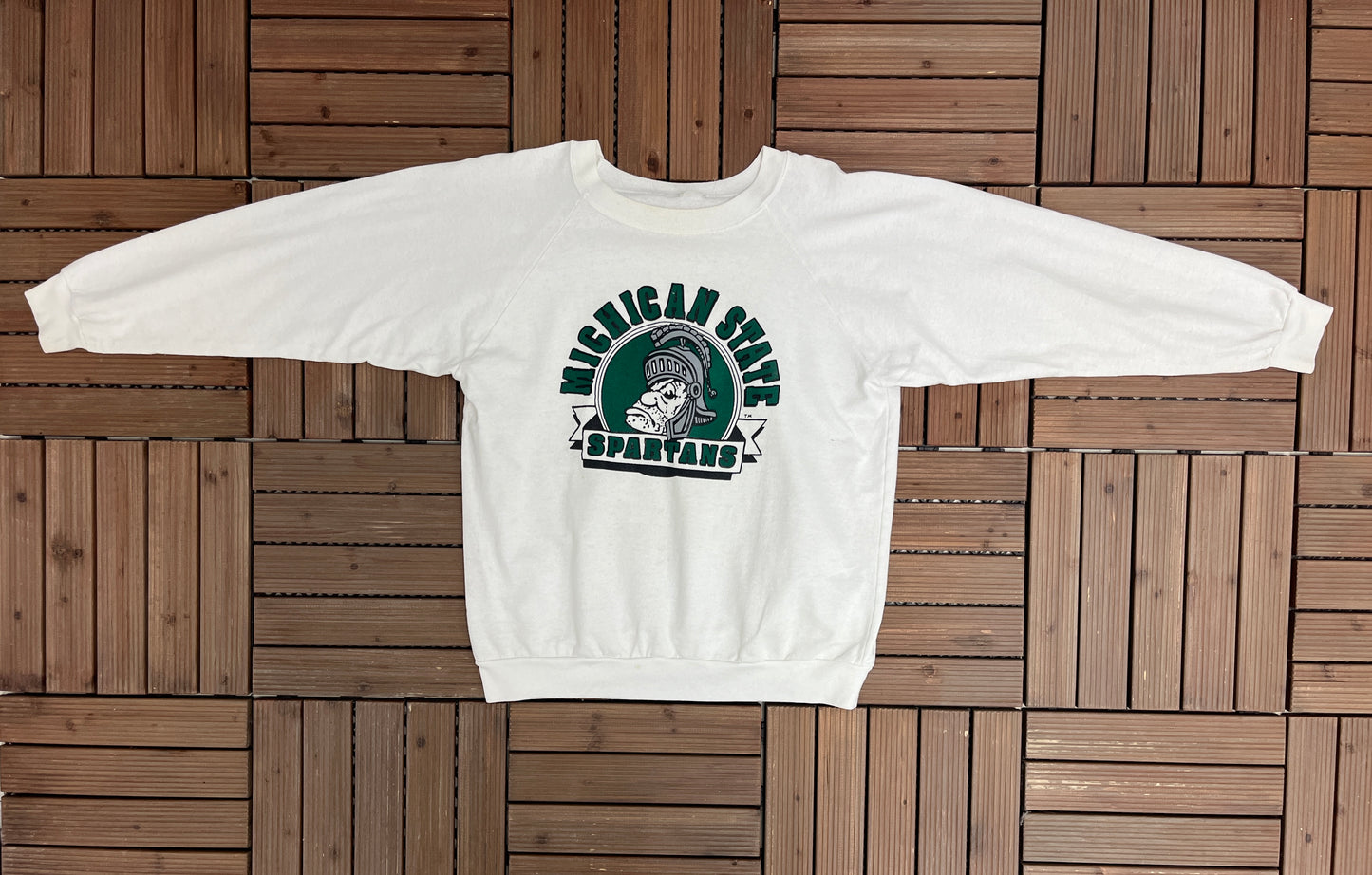 Michigan State Spartans Graphic Crewneck | Size Large | Vintage 1980s Made in USA College White Sweater |