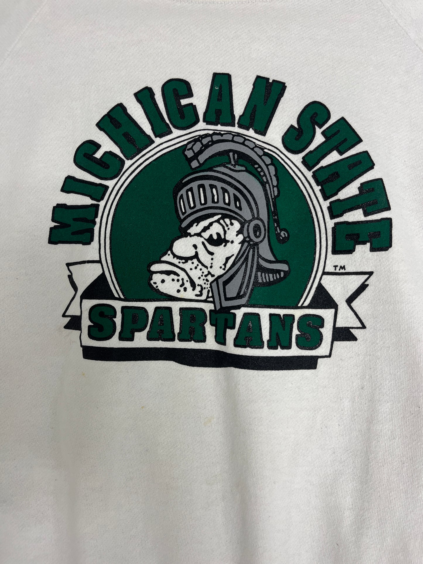 Michigan State Spartans Graphic Crewneck | Size Large | Vintage 1980s Made in USA College White Sweater |