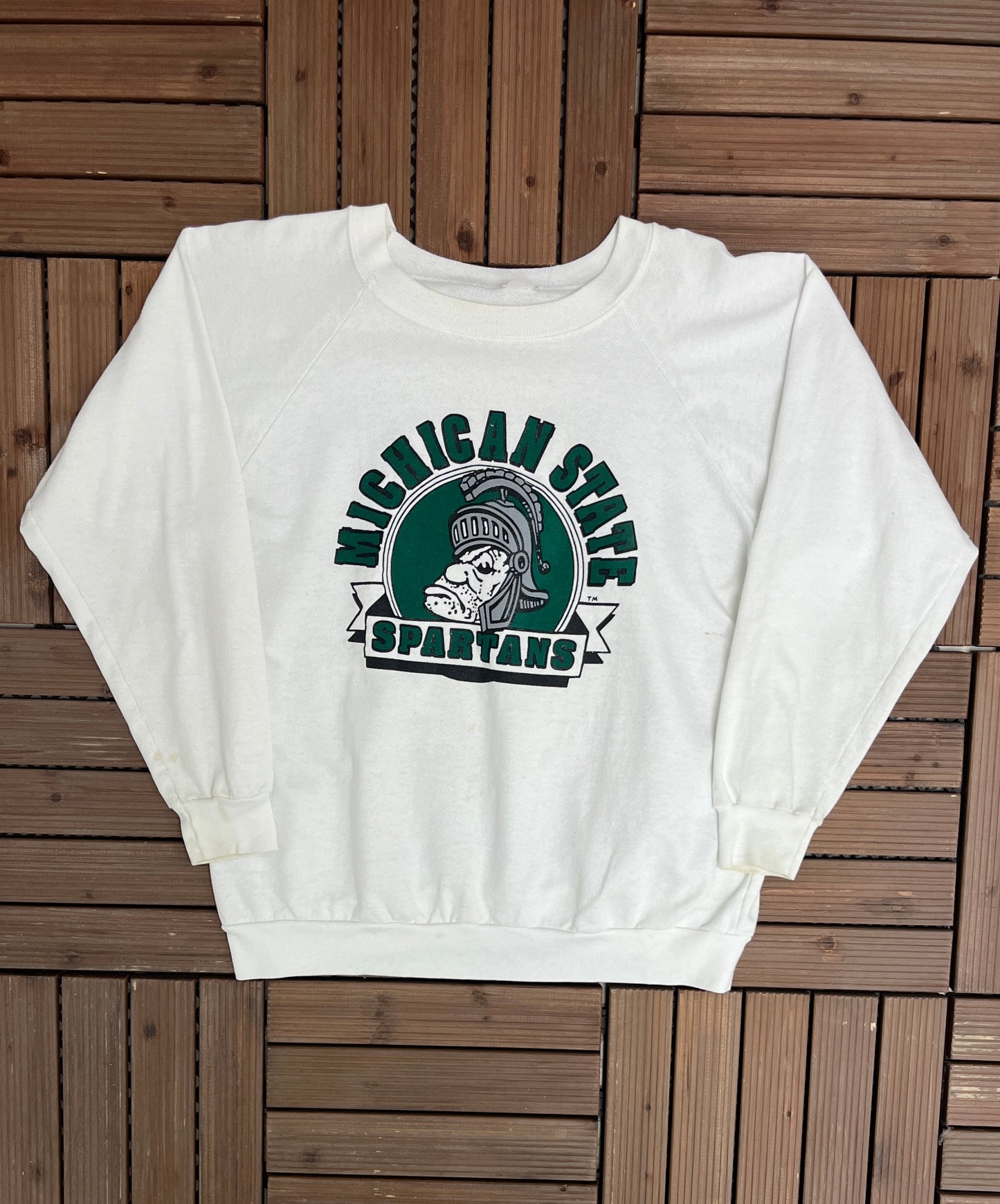 Michigan State Spartans Graphic Crewneck | Size Large | Vintage 1980s Made in USA College White Sweater |