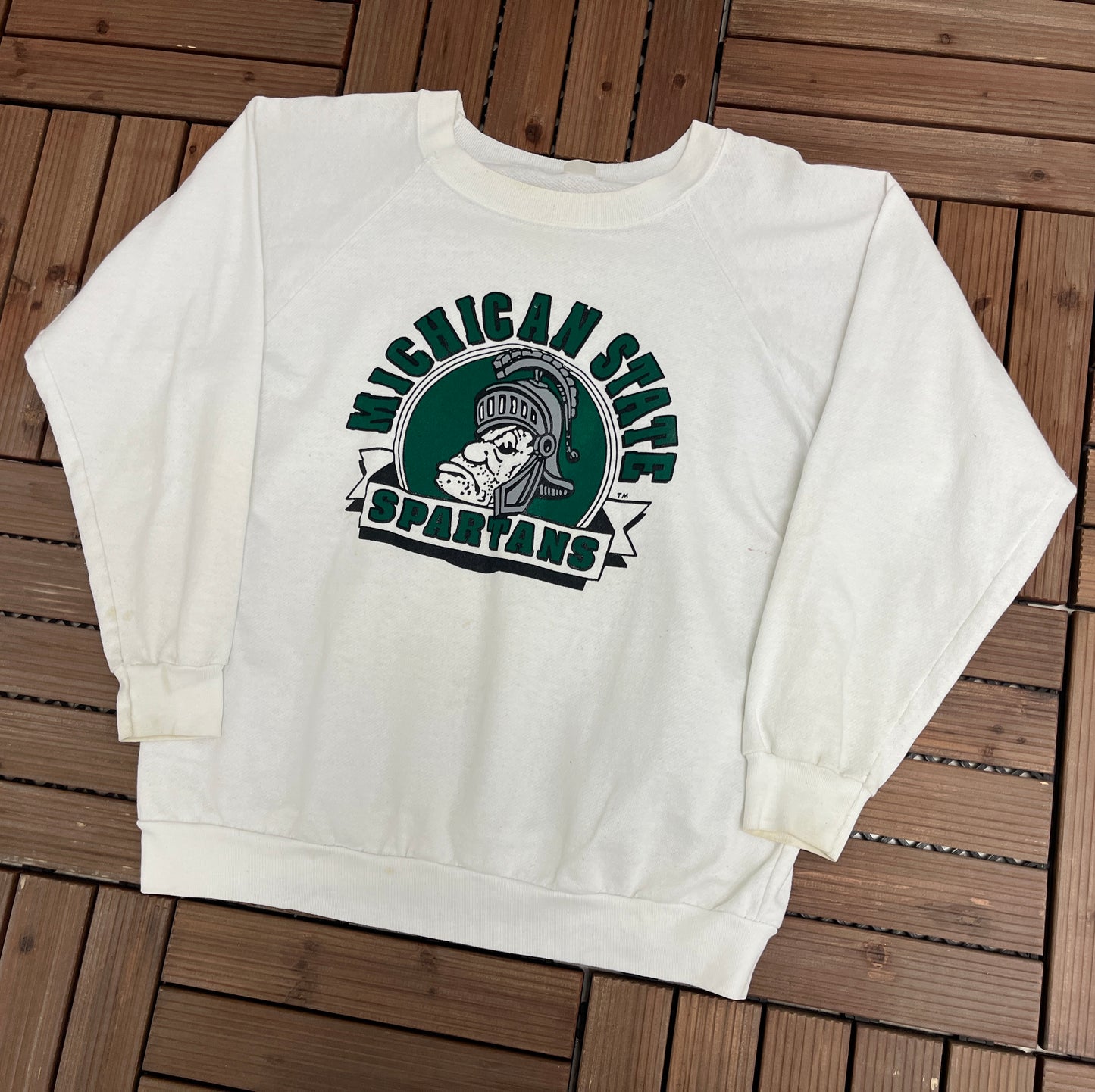 Michigan State Spartans Graphic Crewneck | Size Large | Vintage 1980s Made in USA College White Sweater |