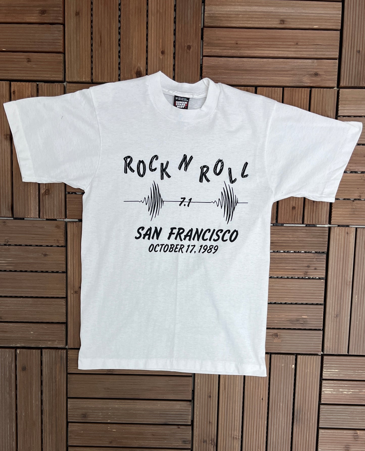 Rock N' Roll Loma Prieta Earthquake San Francisco 1989 Graphic Tee | Size Medium | Vintage 1980s Promotional Single Stitch White T-Shirt |