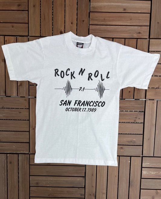 Rock N' Roll Loma Prieta Earthquake San Francisco 1989 Graphic Tee | Size Medium | Vintage 1980s Promotional Single Stitch White T-Shirt |