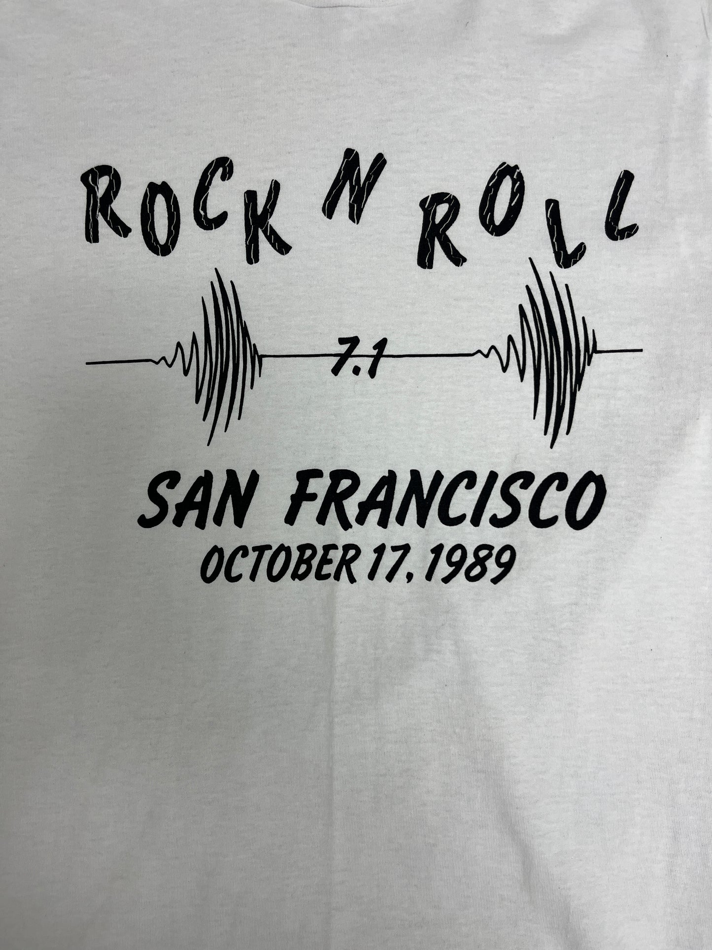 Rock N' Roll Loma Prieta Earthquake San Francisco 1989 Graphic Tee | Size Medium | Vintage 1980s Promotional Single Stitch White T-Shirt |