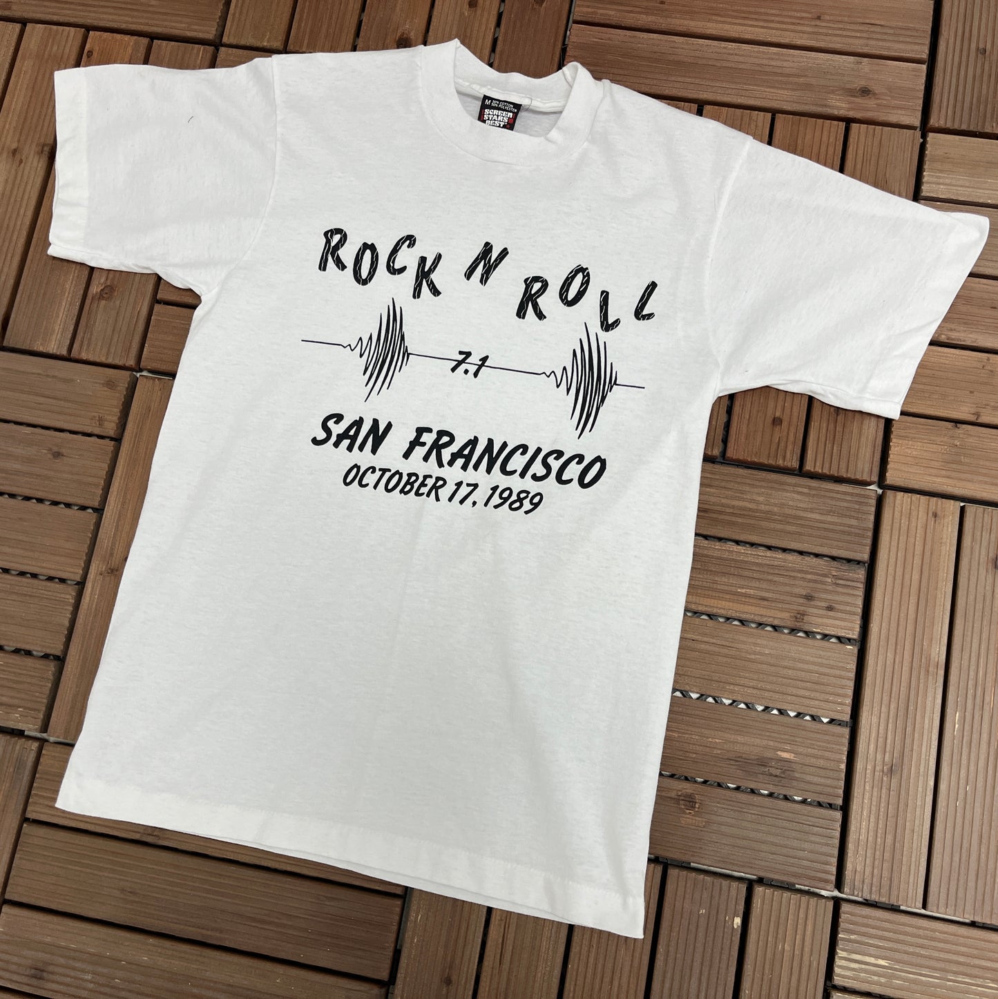 Rock N' Roll Loma Prieta Earthquake San Francisco 1989 Graphic Tee | Size Medium | Vintage 1980s Promotional Single Stitch White T-Shirt |