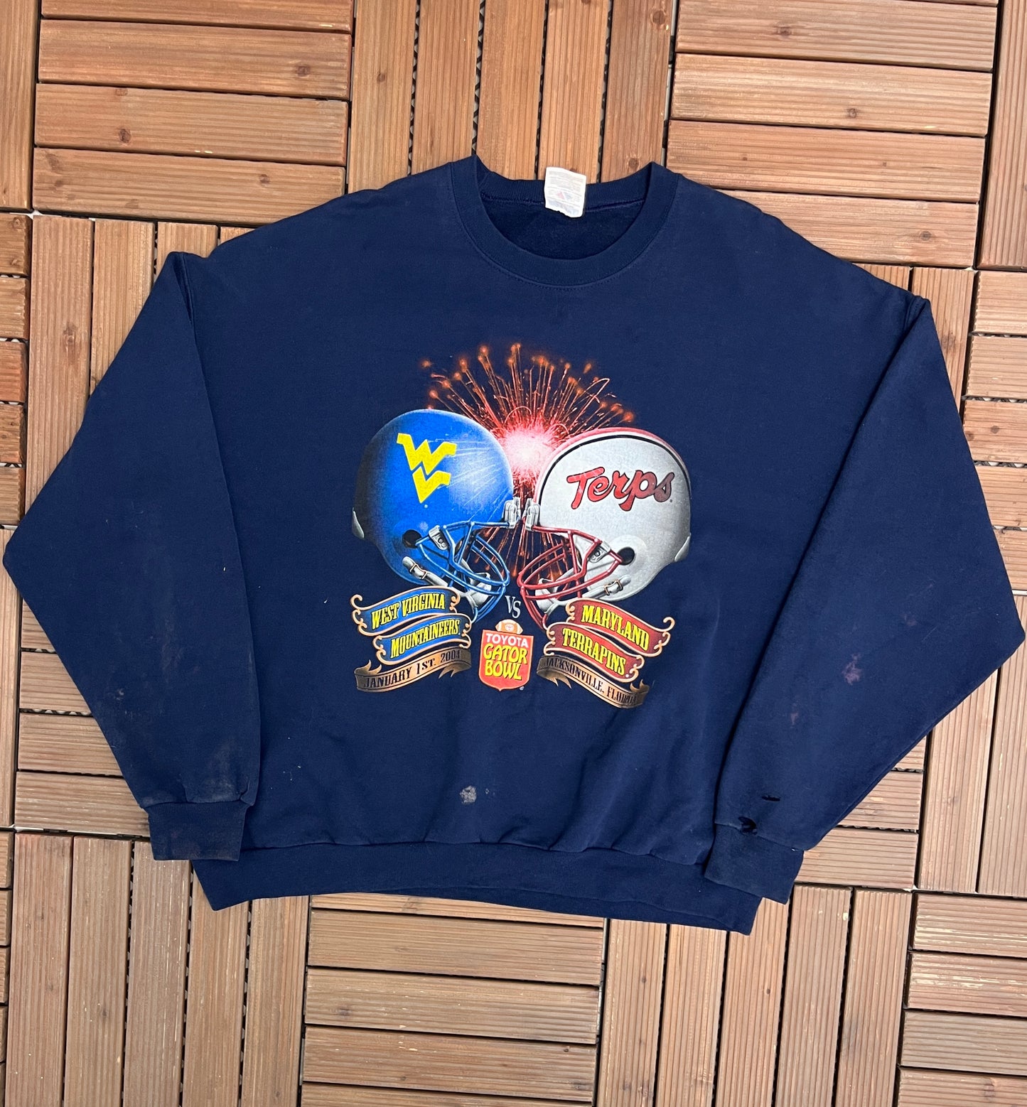 West Virginia Mountaineers vs Maryland Terrapins Graphic Crewneck | Size XX-Large | Vintage 2000s College Football Blue Crewneck |