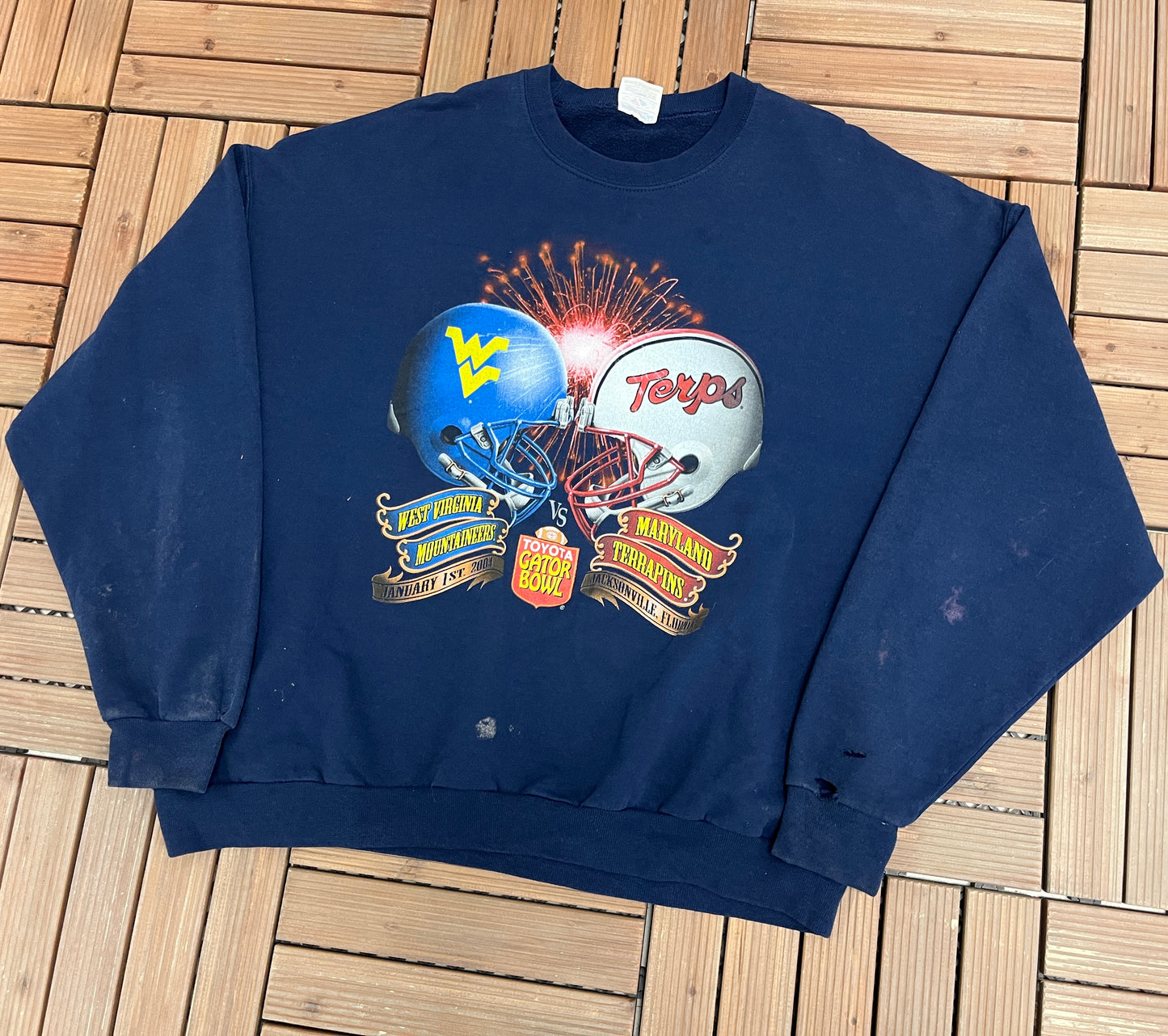 West Virginia Mountaineers vs Maryland Terrapins Graphic Crewneck | Size XX-Large | Vintage 2000s College Football Blue Crewneck |