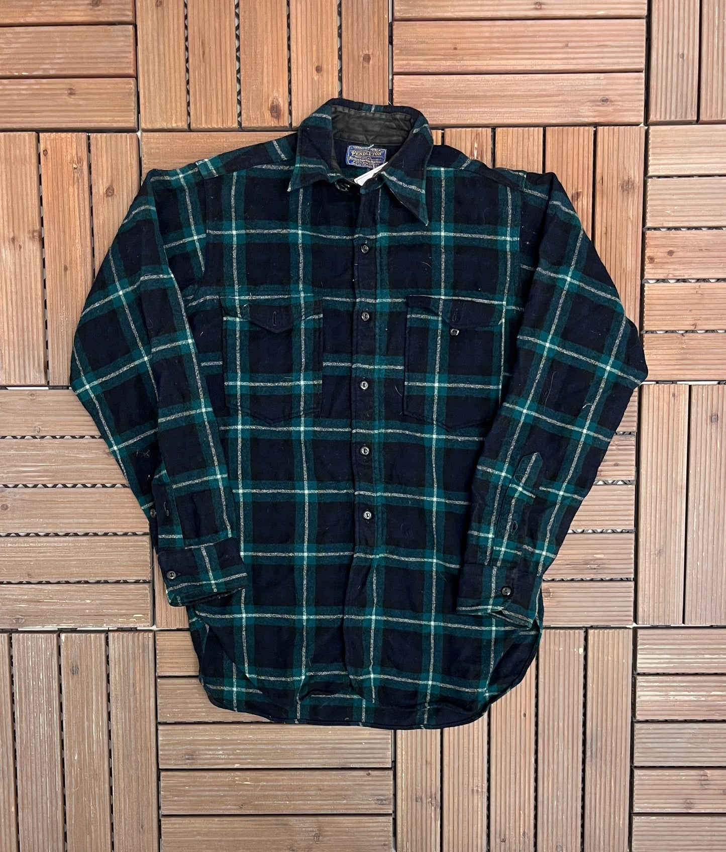 Pendleton Pure Virgin Wool Flannel Shirt | Size Medium | Vintage 1990s Blue & Green Button Down | Made in USA |