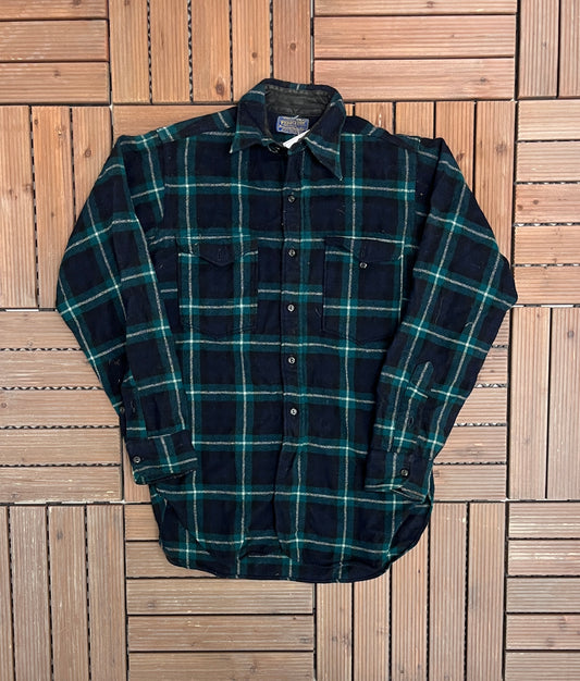 Pendleton Pure Virgin Wool Flannel Shirt | Size Medium | Vintage 1990s Blue & Green Button Down | Made in USA |