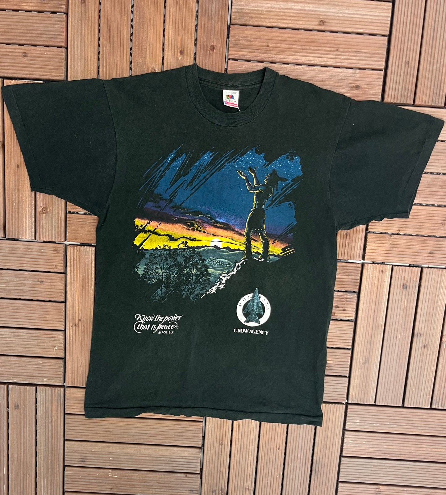 Montana Crow Agency Graphic Tee | Size Large | Vintage 1990s Tourist Single Stitch Black T-Shirt | Made in USA | Free Shipping to USA |