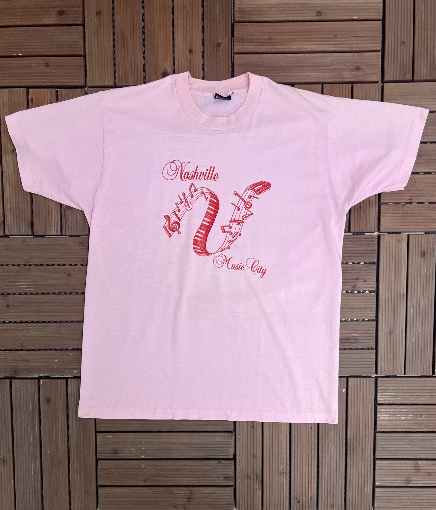 Nashville Music City Graphic Tee | Size X-Large | Vintage 1990s Made in USA Single Stitch Tourist Pink T-Shirt |