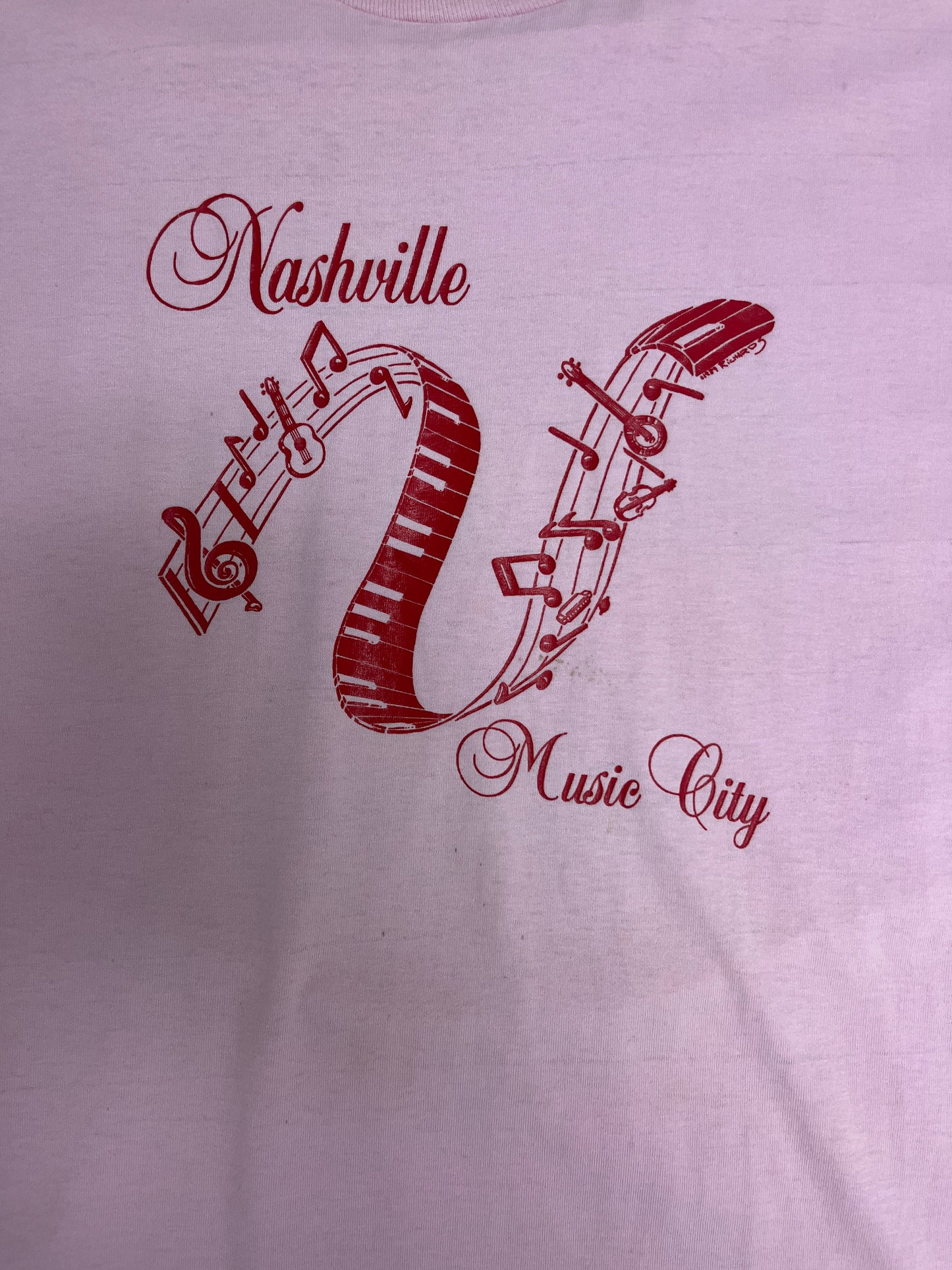 Nashville Music City Graphic Tee | Size X-Large | Vintage 1990s Made in USA Single Stitch Tourist Pink T-Shirt |