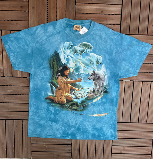 Native & Wolf Graphic Tee | Size XX-Large | Vintage 2000s Promotional Big Print Blue T-Shirt | The Mountain Tag | Free Shipping to USA |