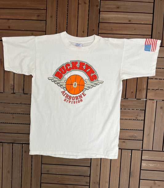 Buckeyes Airborne Division Graphic Tee | Size Large | Vintage 1990s Made in USA White T-Shirt |