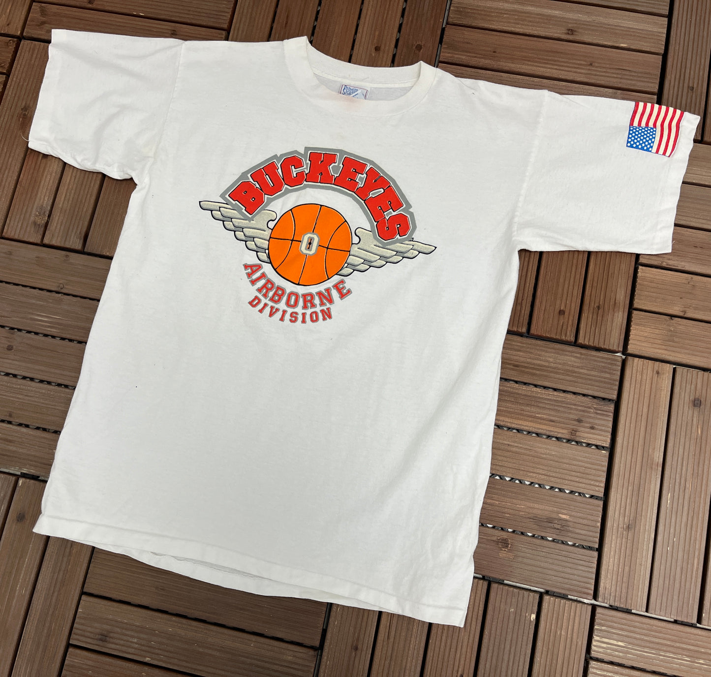 Buckeyes Airborne Division Graphic Tee | Size Large | Vintage 1990s Made in USA White T-Shirt |