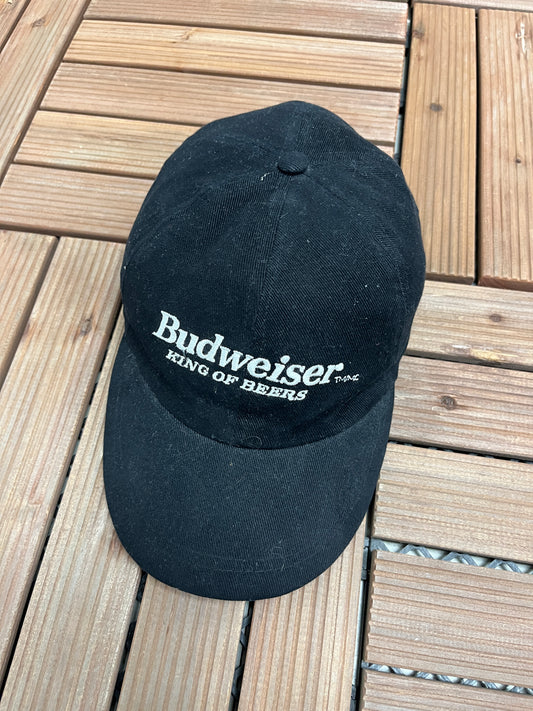 Budweiser King Of Beers Embroidered Graphic Hat | Leather Clasp Back | Vintage 2000s Promotional Black Cap |