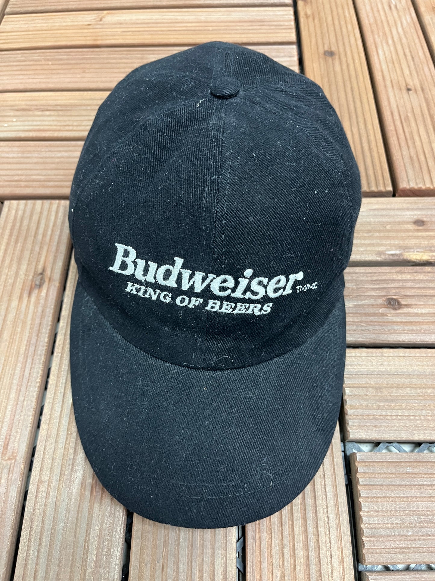 Budweiser King Of Beers Embroidered Graphic Hat | Leather Clasp Back | Vintage 2000s Promotional Black Cap |