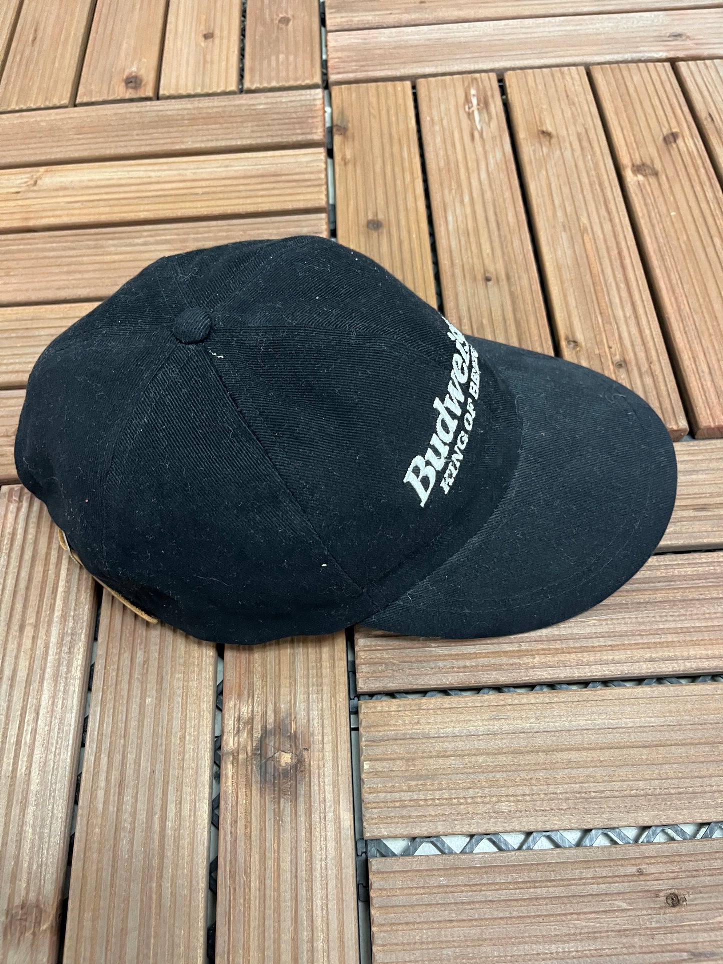 Budweiser King Of Beers Embroidered Graphic Hat | Leather Clasp Back | Vintage 2000s Promotional Black Cap |