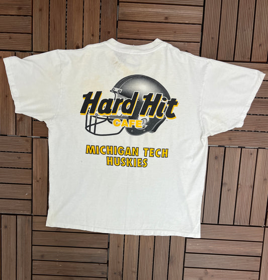 Michigan Tech Huskies Hard Hit Cafe Graphic Tee | Size X-Large | Vintage 1990s College Sports White T-Shirt | Free Shipping to USA |