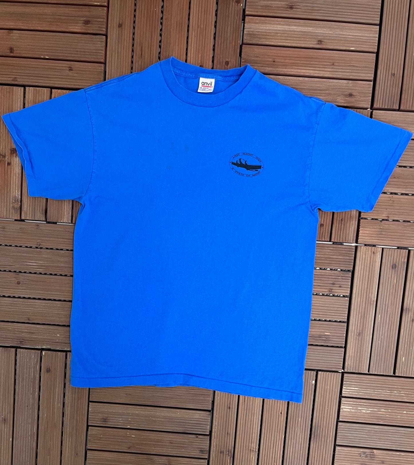 Last Flight Out Graphic Tee | Size X-Large | Vintage 1990s Made in USA Blue T-Shirt |