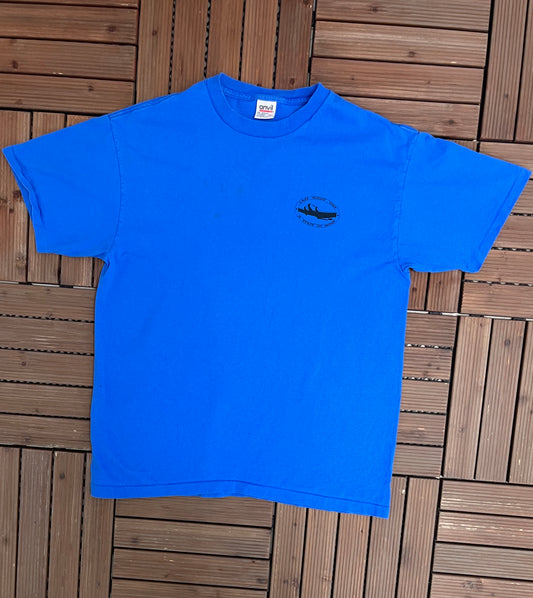 Last Flight Out Graphic Tee | Size X-Large | Vintage 1990s Made in USA Blue T-Shirt |