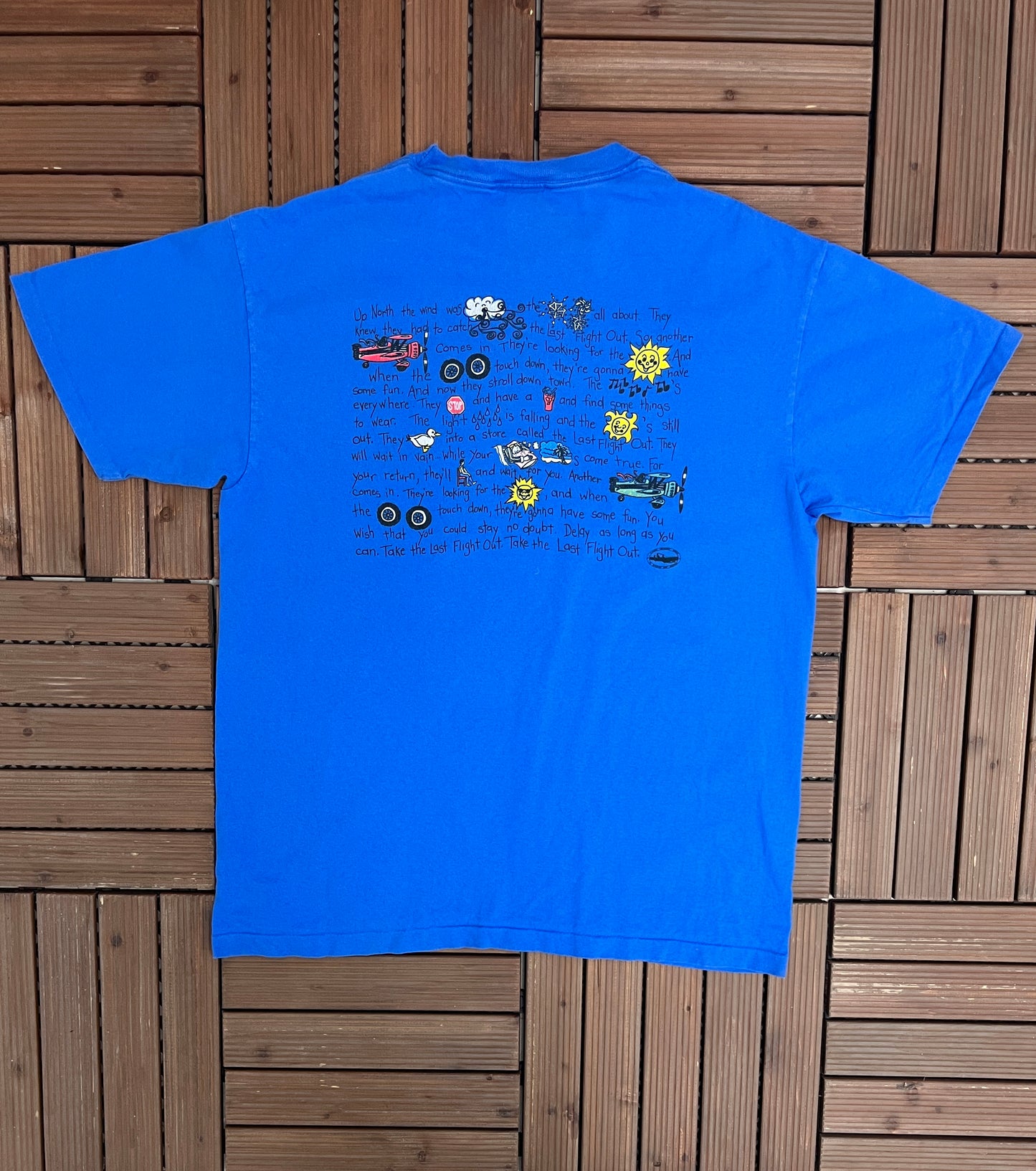 Last Flight Out Graphic Tee | Size X-Large | Vintage 1990s Made in USA Blue T-Shirt |