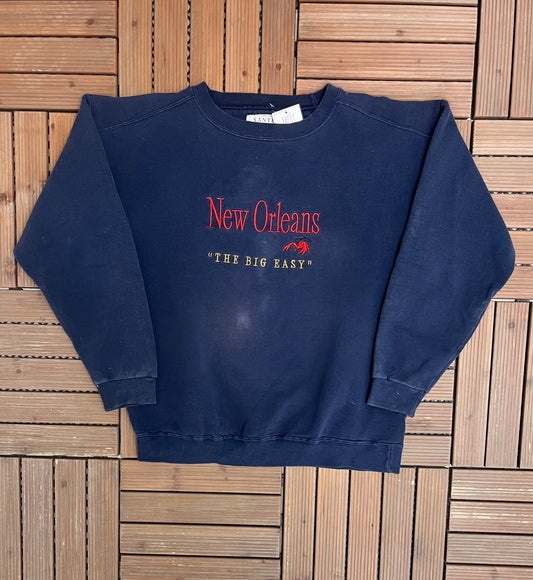 New Orleans "The Big Easy" Embroidered Graphic Crewneck | Size Large | Vintage 1990s Tourist Blue Sweater |