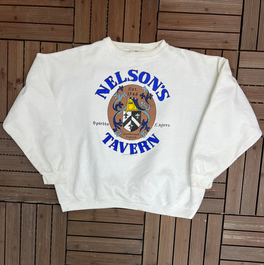 Nelson's Tavern Cumberland, England Graphic Crewneck | Size X-Large | Vintage 1990s Promotional White Sweater | Made in USA |