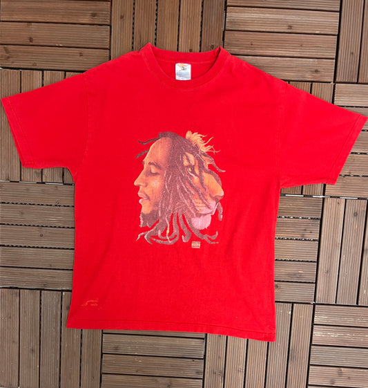 Bob Marley Half Lion Graphic Tee | Size XX-Large | Vintage 2000s Promotional Reggae Music Red T-Shirt |