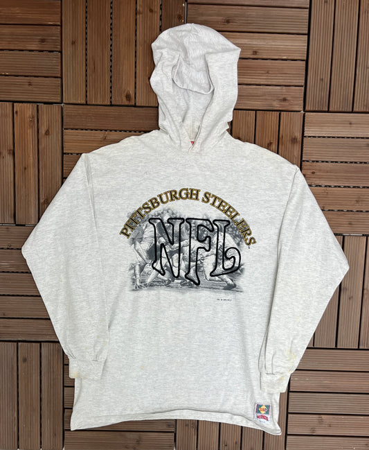 Pittsburgh Steelers NFL Embroidered Graphic Hoodie | Size XL | Vintage 1990s Nutmeg Grey Single Stitch Sweatshirt | Free Shipping to USA |