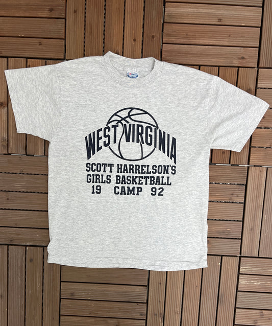 Scott Harrelson's West Virginia Basketball Camp Graphic Tee | Size Large | Vintage 1990s Made in USA Grey T-Shirt |