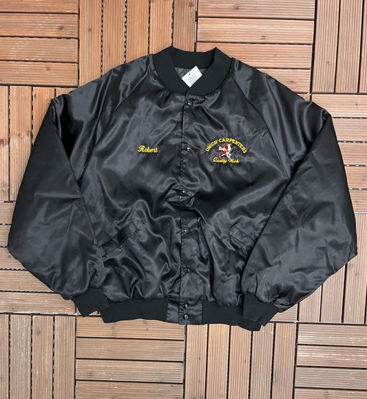 Union Carpenters Quality Work Graphic Varsity Jacket | Size XX-Large | Vintage 1990s Black Bomber Coat |