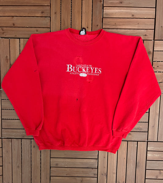 Ohio State Buckeyes Embroidered Graphic Crewneck | Size X-Large | Vintage 1990s College Sports Red Sweater | Made in USA |